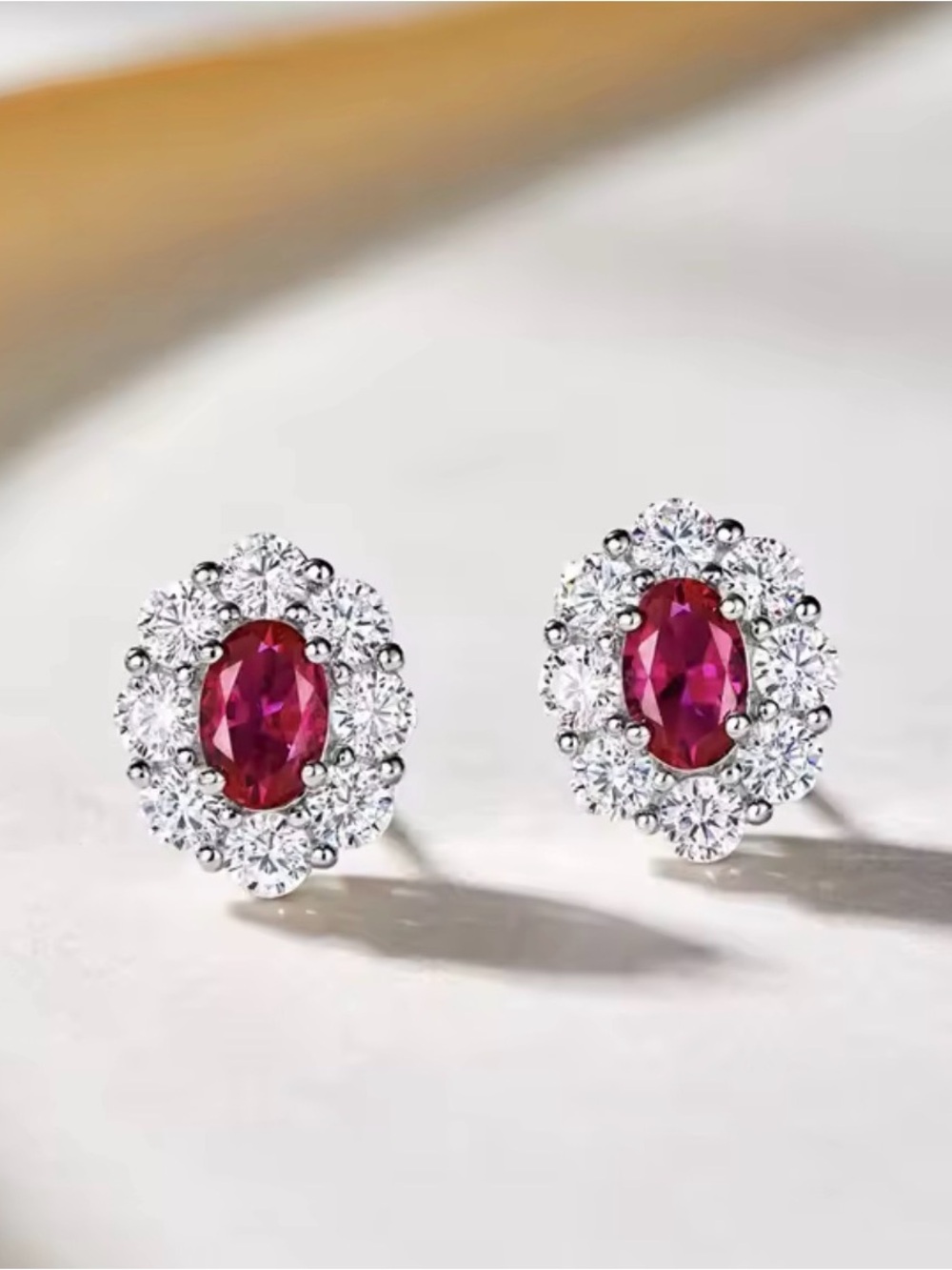 14K white gold plated Small Ruby Red Oval Halo Stud Earrings - Women Jewelry